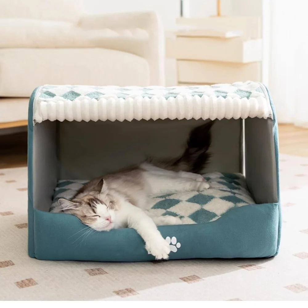 Plush Gray Dog Bed with Patterned Cover